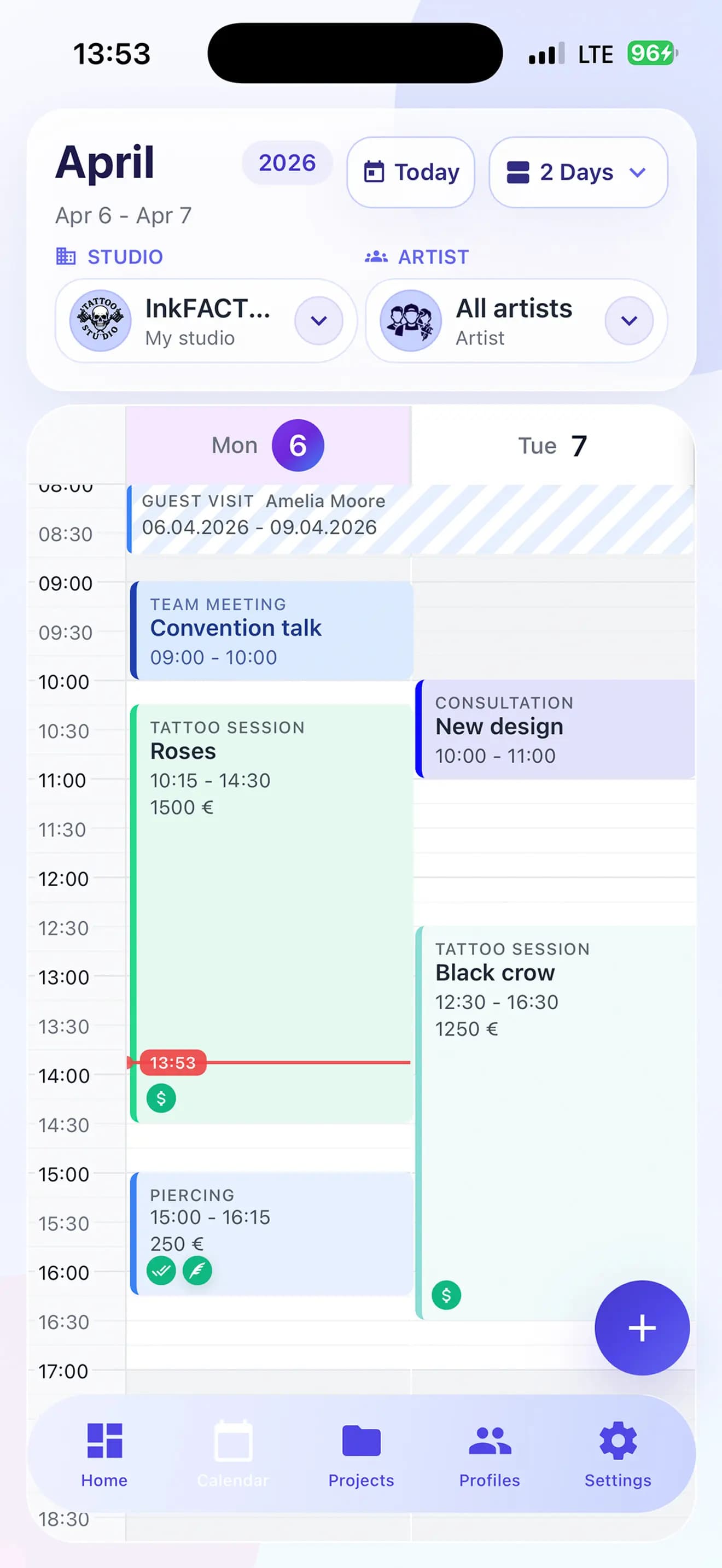 Tattoo guest artist software for managing multiple studios, calendars, projects, clients, financial terms and studio invitations in one place.