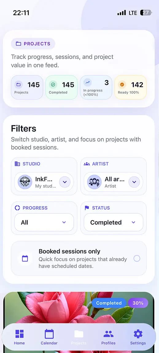 InkLinka mobile projects screen with project filters, booked sessions and studio selection