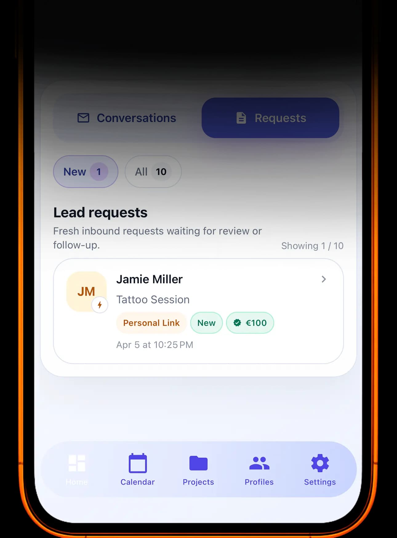 InkLinka app showing a complete client request connected with client, project and calendar records