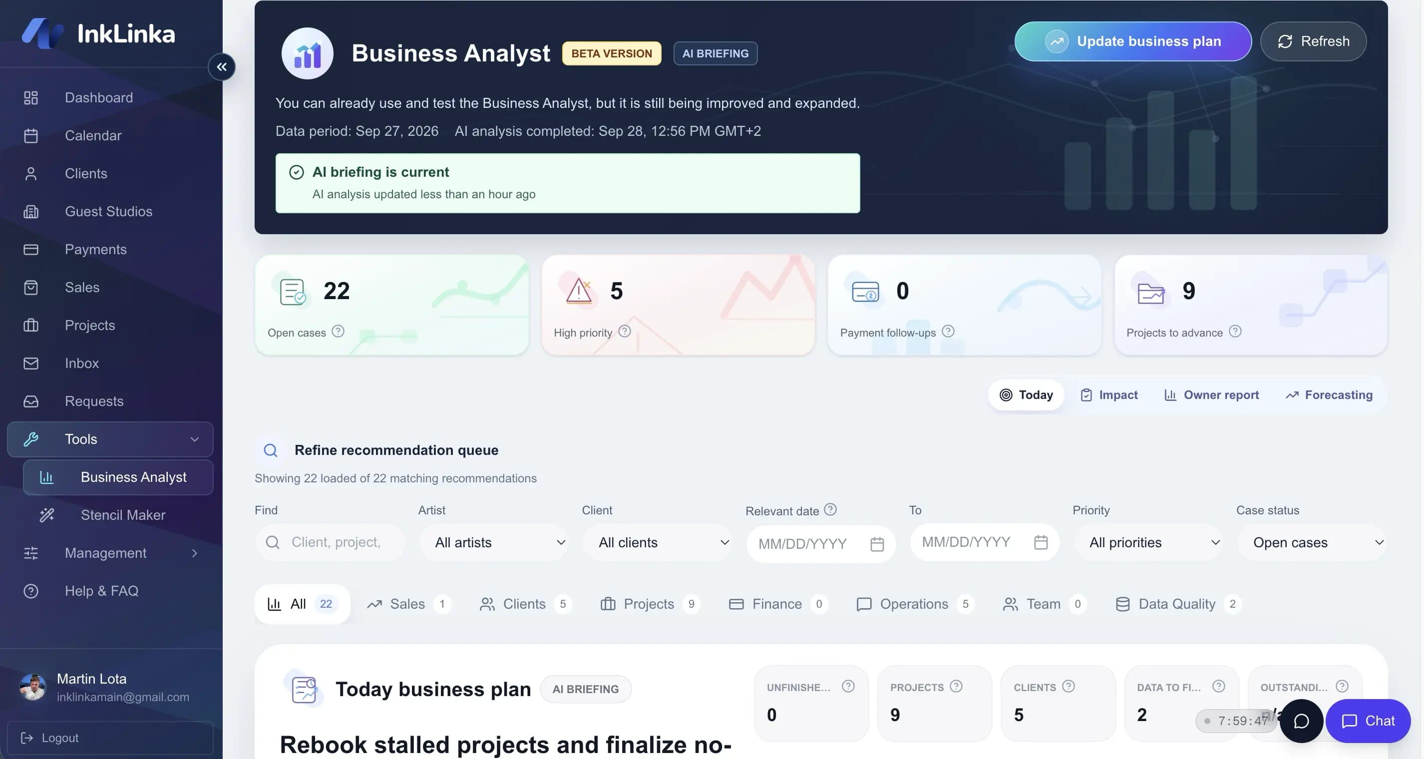 InkLinka Business Analyst recommendation queue and studio action plan