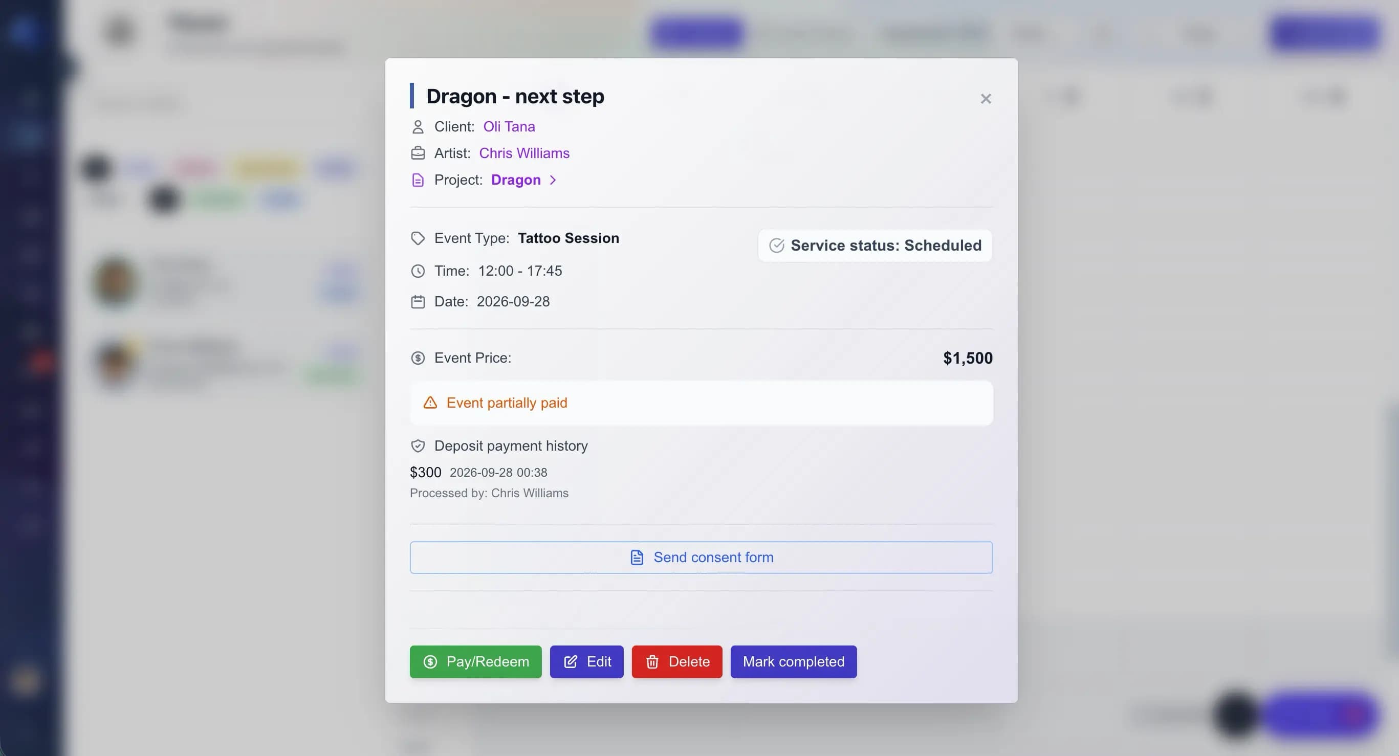 InkLinka calendar appointment and payment context