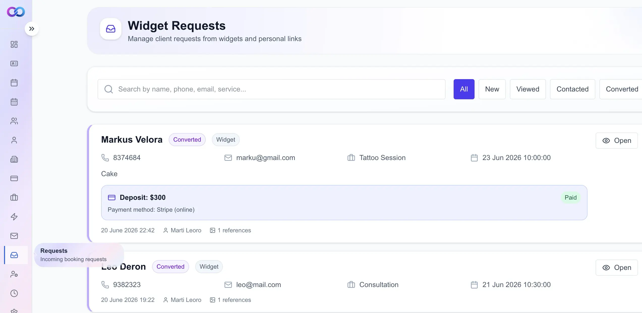 InkLinka widget request details with Stripe deposit status