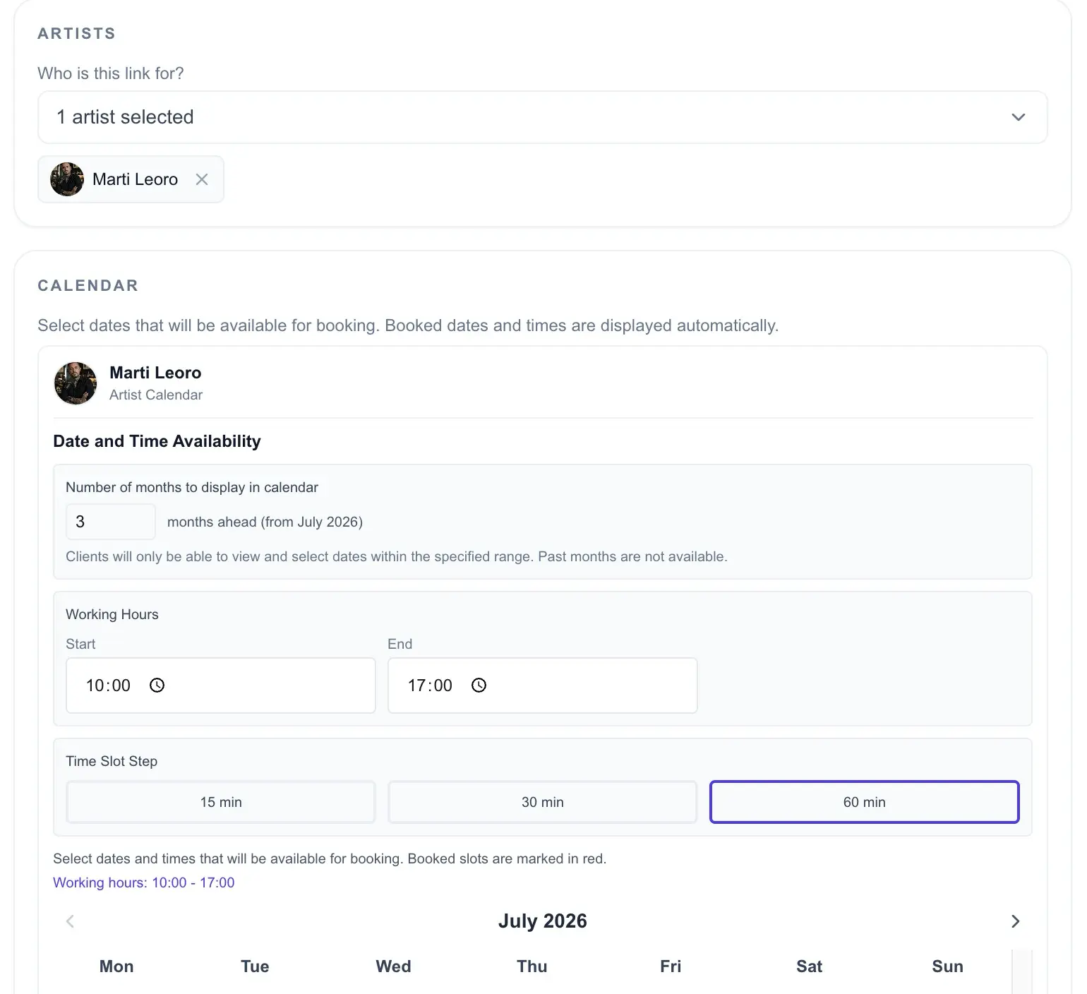 InkLinka artists and availability setup screen