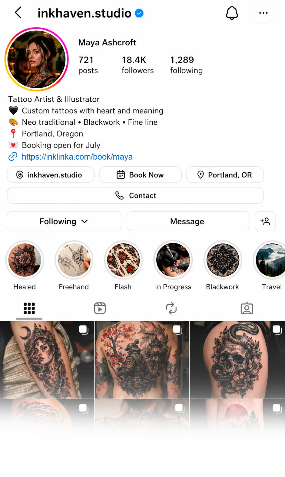 Instagram profile with an InkLinka personal booking link