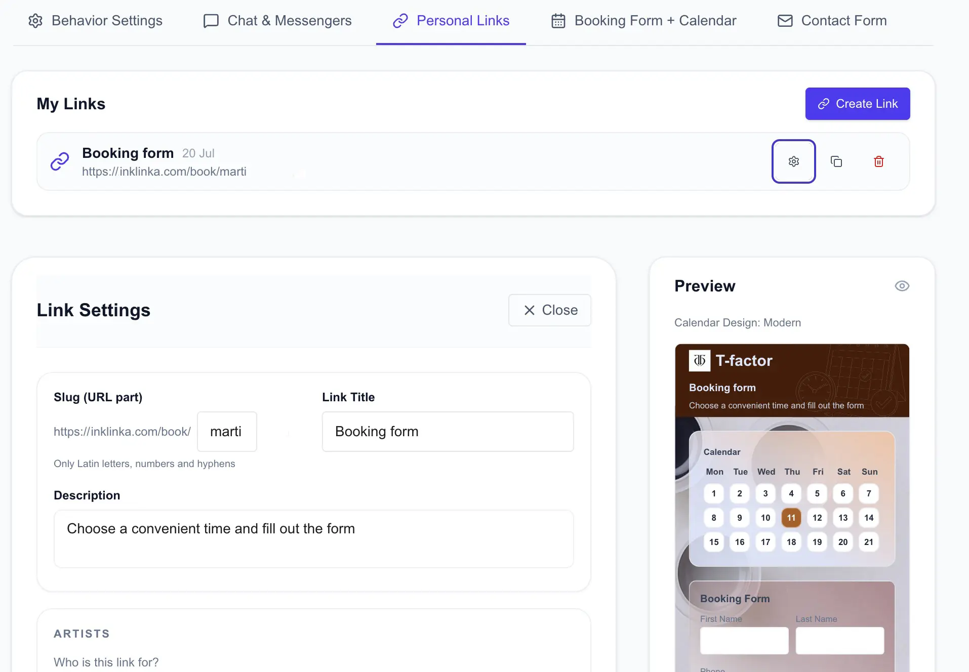 InkLinka personal link settings screen